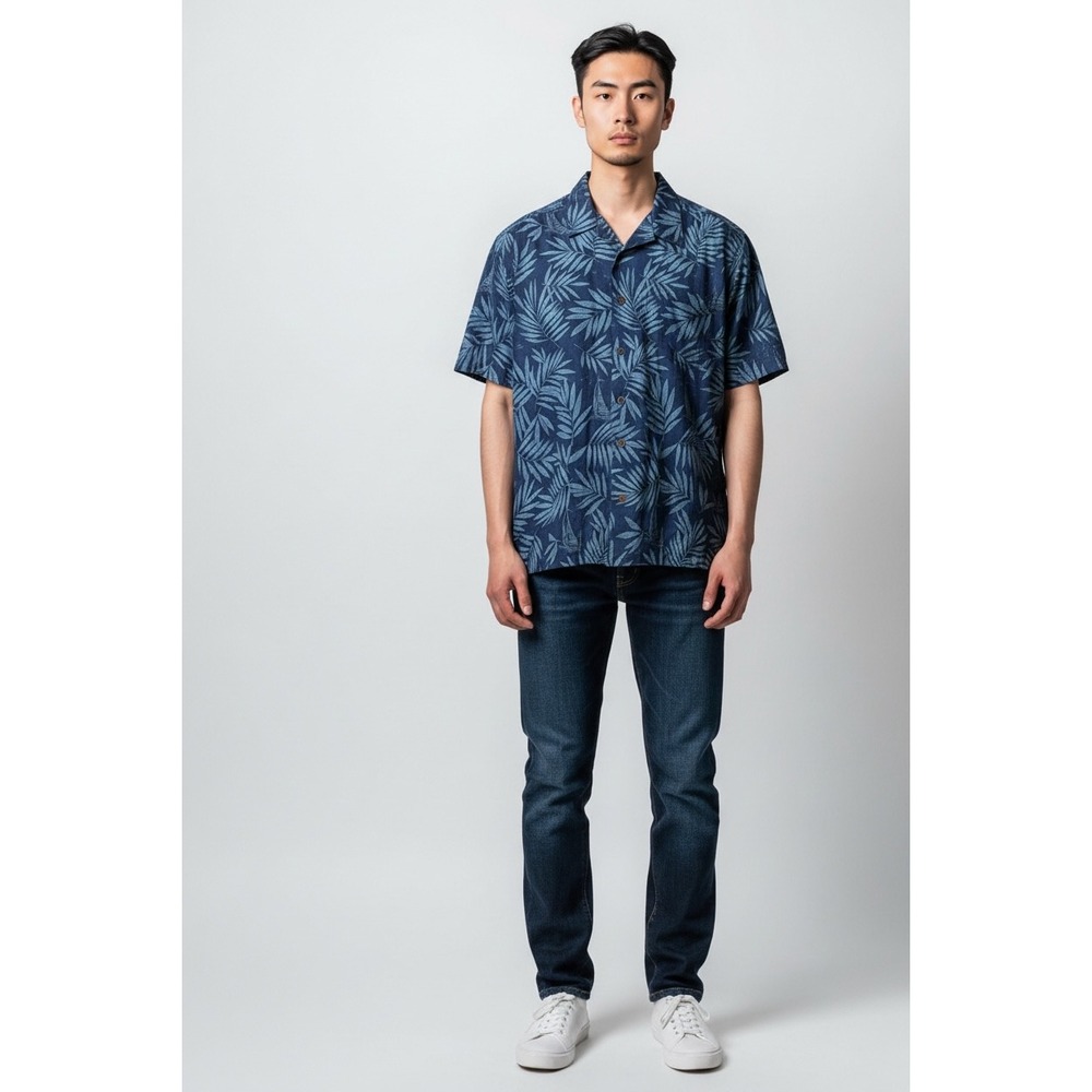 WOOLRICH Mens Blue Leaf Sailboat Print Short Sleeve Button Up‎ Shirt XL Cotton